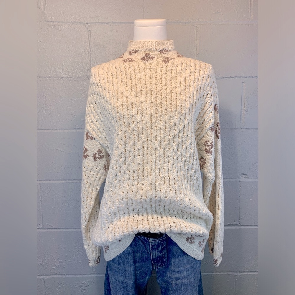 Vintage Enfin for Alexandria Chunky Knit Ivory/Brown‎ Crew Neck Sweater Large